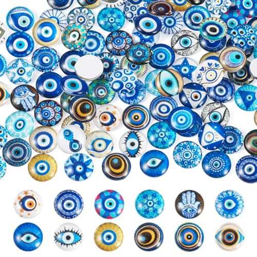 100Pcs 12mm Transparent Evil Eye Glass Cabochons Mixed Blue Eyes Cameo Dome Tiles Flat Back Glass Covered Dome Tiles for DIY Bracelets Necklace Scrapbooking Art Crafts (100 Count)