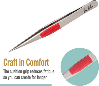 Beaditive High Precision Heavy-Duty Tweezers With Cushion - 4.7" Craft Tweezers for Sewing, Beading & DIY Crafts - Non-Serrated, Fine Point Tips - Stainless Steel Needle Nose Hobby Tweezers (Fuchsia)