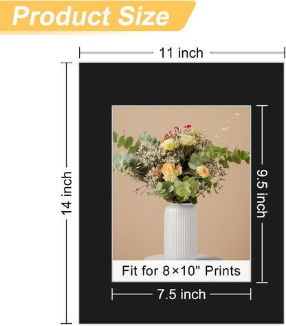 Phinus 8 Pack Picture Mats for Frames, Acid Free 11x14 Matted to 8x10, Picture Frame Mats for Pictures, Watercolor, Artwork and Prints (Black)