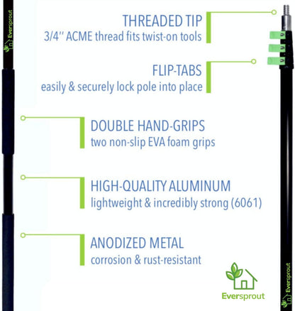 EVERSPROUT 7-to-24 Foot Telescopic Extension Pole (30 Foot Reach) | Heavy-Duty Sturdy Aluminum | Easy Flip-Tab Lock Mechanism | Twist-On Metal Tip Works for Squeegee, Duster, Paint Roller (Pole only)