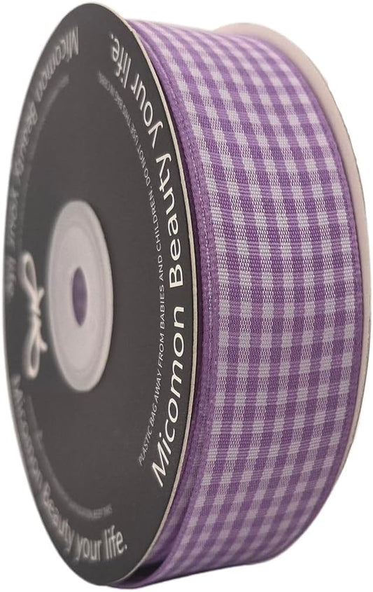 Purple and White Woven Edge Plaid Ribbon 100% Polyester Gingham Ribbon 25 Yards Each Roll (1",Purple) - Crafty Corner