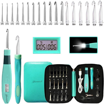 Yarniss 18 Size Counting Crochet Hooks with Light, Digital Counter Crochet Hooks Set with Case (2.0mm~14.0mm)
