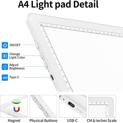 TOHETO A4 Light Board for Diamond Painting, Super Bright Magnetic Light Pad with Side Buttons, Lightbox for Tracing and Drawing, Corded Light Table for Sketching, Animation, Weeding Vinyl (White)