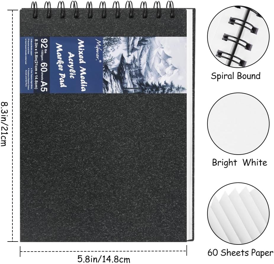 8.3x5.8 Sketch Book, Top Spiral Bound Sketch Pad, 60sheets 92lb/150gsm Bright White Paper, Acid-Free Mixed Media Paper for Painting, Dawing & Art Supplies. B-Black - Crafty Corner