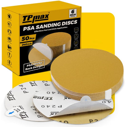 6-Inch 240-Grit Gold PSA Sanding Discs, 50 Pack – Pro-Grade Self-Adhesive Stickyback Sandpaper with Quick-Release Tabs for DA Sander, Very Fine Automotive/Wood/Metal Sanding (50 Count)