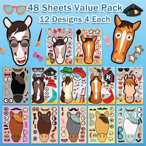 48 Pcs Make A Horse Sticker Sheets Mix and Match for Kids Horse Party Favors Supplies Birthday Gifts Activity Crafts (48 Count)
