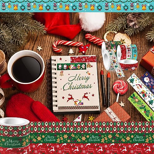 12 Pcs Christmas Washi Tape Merry Christmas Print Masking Tape Christmas Tree Snowman Santa Claus Pattern Decorative Paper Sticker for Christmas Party Holiday Scrapbook Handbook Sticker (12 Count)