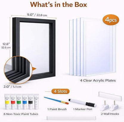 VidwanHome Family Handprint Kit for 4 – Wooden Frame with 4 Clear Acrylic Boards, DIY Handprint Keepsake for Baby, Pet, Mom, Grandparents, Hand Mold Art Set with Non-Toxic Washable Paint (Black)