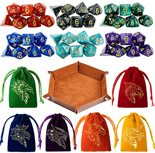 DND Dice Set 42 Pcs Polyhedral Dungeons and Dragons Rolling Dice for D&D RPG MTG Table Games Dice Bulk with Colorful Drawstring Bags and Dice Tray (49 Count)