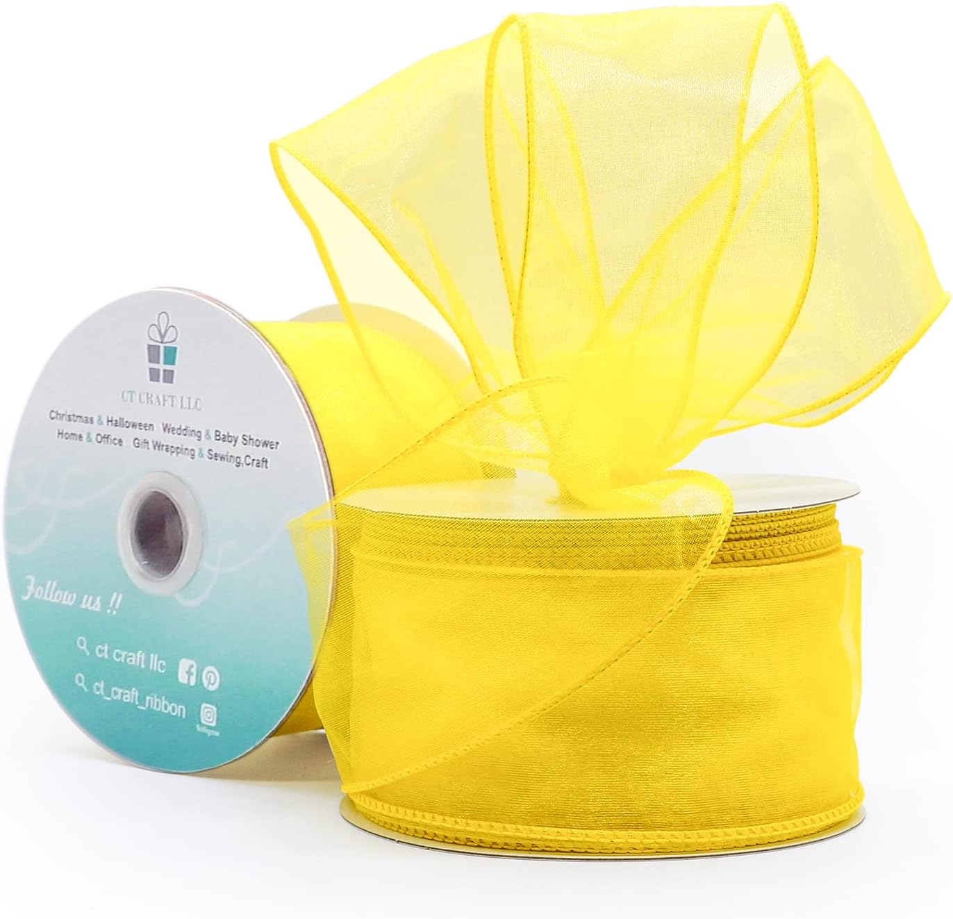 CT CRAFT LLC Sheer Organza Wired Ribbon 2.5" x 25 Yards x 2 Rolls Yellow for Wedding Chair Bow Flora Bouquet Gift Wrapping Christmas Tree Home Decor Wreath - Crafty Corner