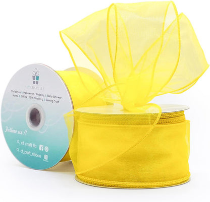 CT CRAFT LLC Sheer Organza Wired Ribbon 2.5" x 25 Yards x 2 Rolls Yellow for Wedding Chair Bow Flora Bouquet Gift Wrapping Christmas Tree Home Decor Wreath - Crafty Corner