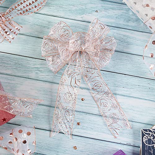 Floral 2.5 Inch Rose Gold Rose Wired Ribbon Wedding Bouquet Ribbons Rose Gold Organza Sheer Ribbons 25 Yards Roll Pink Wedding Ribbon for Crafts (75 Foot)