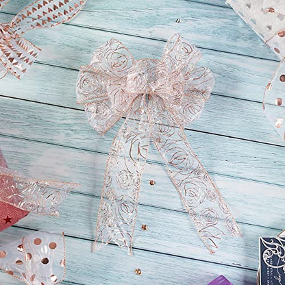 Floral 2.5 Inch Rose Gold Rose Wired Ribbon Wedding Bouquet Ribbons Rose Gold Organza Sheer Ribbons 25 Yards Roll Pink Wedding Ribbon for Crafts (75 Foot)