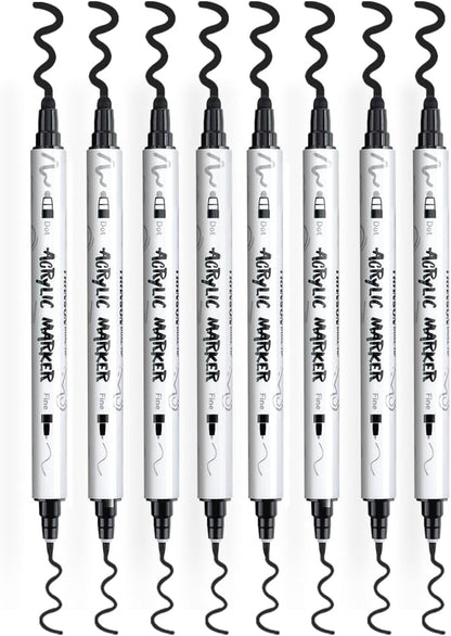 TRANSON 8 Pack Black Bold and Fine Dual-tip Acrylic Paint Marker for DIY Glass Canvas Wood Leather Ceramic Rock Painting