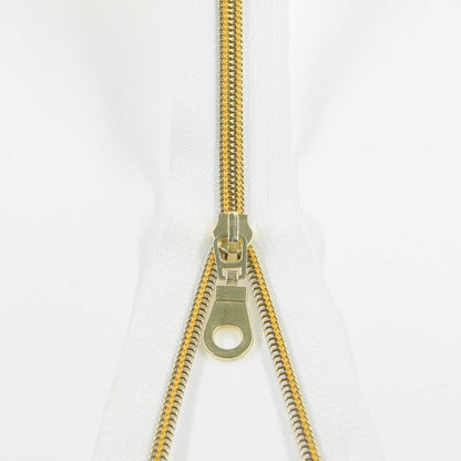 Leekayer White Nylon Zipper #5 Gold Metallic Nylon Coil Teeth Zipper by The Yards Bulk 10 Yards Tape with 25pcs Gold Sliders for DIY Sewing Tailor Craft Bag(White)