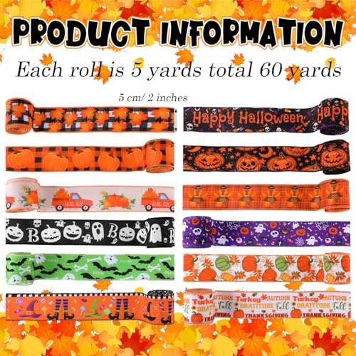 12 Rolls 60 Yards Halloween Fall Wired Ribbon for Wreath Bow Craft (12 Count)