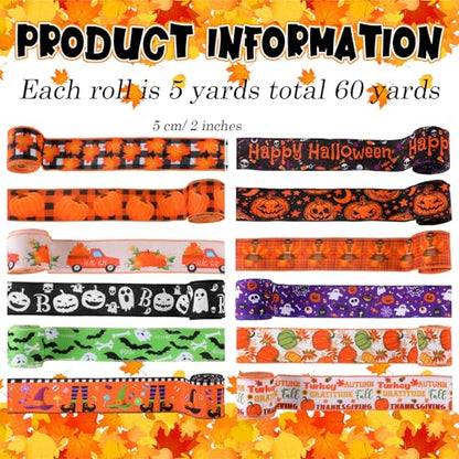 12 Rolls 60 Yards Halloween Fall Wired Ribbon for Wreath Bow Craft (12 Count)