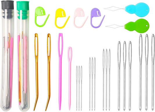 Hekisn 45Pcs Large Eye Blunt Yarn Needles kit, Assorted Sizes Bent Tapestry Darning Needle, Sewing Needles with Needle Threaders & Stitch Markers for Knitting Crochet (Green&Black)