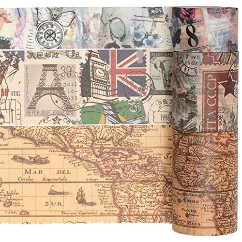 Vintage Washi Tape Set 10 Rolls Wide Decorative Antique Map Stamp Newspaper Masking Tapes for Arts