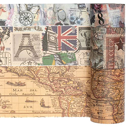 Vintage Washi Tape Set 10 Rolls Wide Decorative Antique Map Stamp Newspaper Masking Tapes for Arts