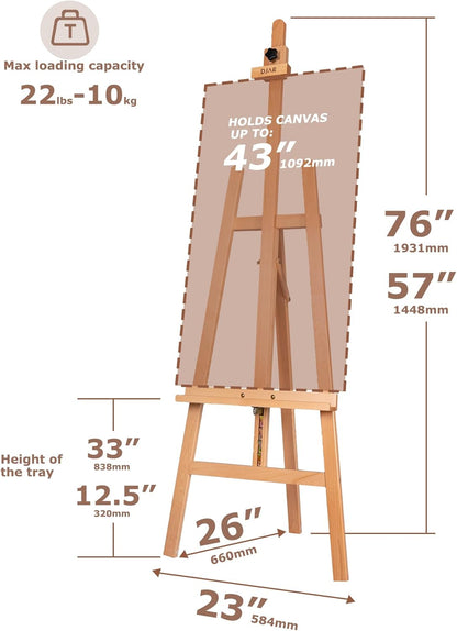DJAR A Frame Wooden Art Easel for Painting, 57’’-76’’ Adjustable Height, Hold Canvas up to 43’’, Floor Easel Stand for Adults, Beginner