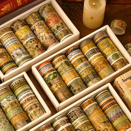 36 Rolls Vintage Washi Tape Pack Retro Arts Adhesive Tapes Wide Chronicle Decorative Masking Tape Sets for Craft (36 Count)