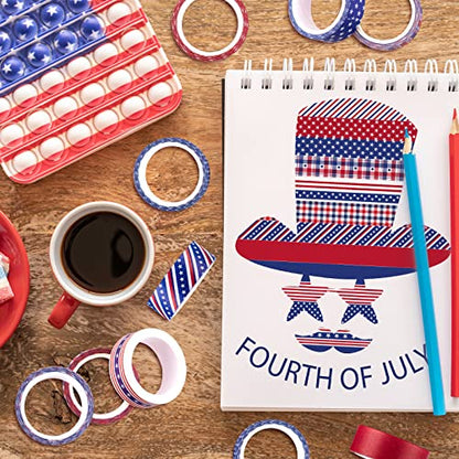 12 Rolls 4th of July Washi Tape Patriotic Stars Stripes Washi Masking Tape Red Blue White Plaids Decorative Paper Stickers for Independence Day Scrapbook Gift Wrapping DIY Art Crafts (196.8 Foot)