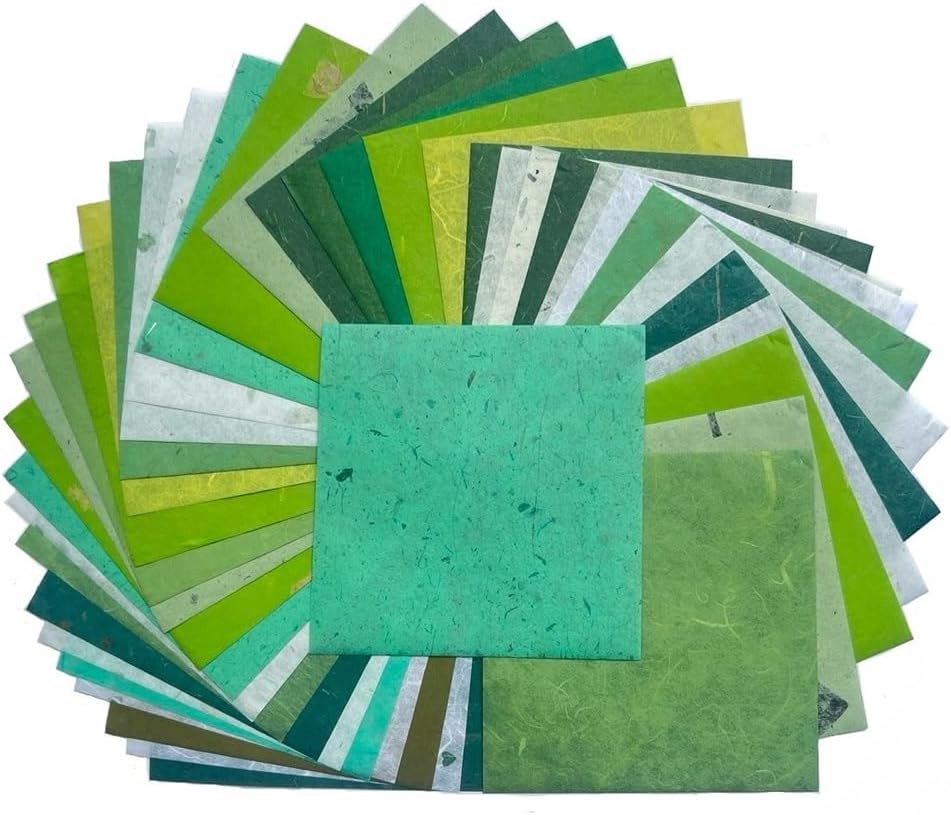 50 Sheets 6 x 6 Inches Natural Fiber Mulberry paper Sheets Square Origami Paper Arts Folding Craft, Decoration Paper, Square Folding Paper for DIY Crafts (Mixed Green Rice Straw etc.,,, 6 x 6) - Crafty Corner