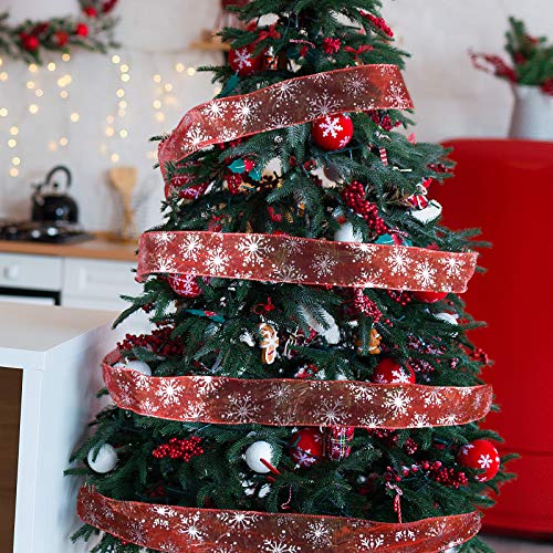 2.5 Inch Wide Christmas Wired Ribbon Snowflake Organza Sheer Glitter Ribbon for Xmas Tree (32.7 Foot)