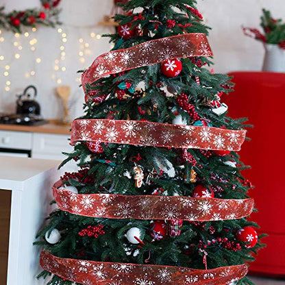 2.5 Inch Wide Christmas Wired Ribbon Snowflake Organza Sheer Glitter Ribbon for Xmas Tree (32.7 Foot)