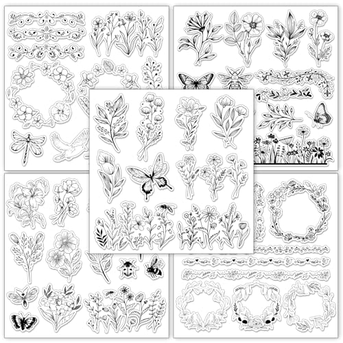 5 Sheets Wildflower Clear Stamps Floral Leaves Butterfly Silicone Transparent Stamps for DIY Craft Card Making Scrapbooking Embossing Album Decor (5 Count)