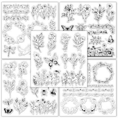 5 Sheets Wildflower Clear Stamps Floral Leaves Butterfly Silicone Transparent Stamps for DIY Craft Card Making Scrapbooking Embossing Album Decor (5 Count)