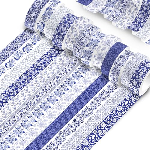 12 Pcs blue and white porcelain Washi Tape Maple Leaf Print Masking Tape Pumpkin Pattern Decorative Paper Sticker for Fall Party Holiday Scrapbook DIY Craft Gift Wrapping Handbook Sticker (12 Count)