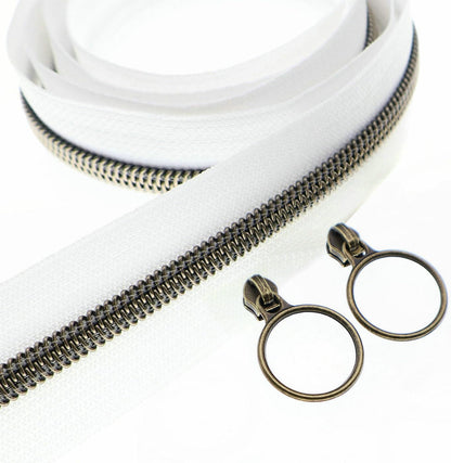 Leekayer #5 Antique Brass Metallic Nylon Coil Zippers by The Yard Bulk 10 Yards White Zipper Tape with 25pcs Antique Brass Ring Pull Sliders for DIY Sewing Tailor Craft Bag(White)