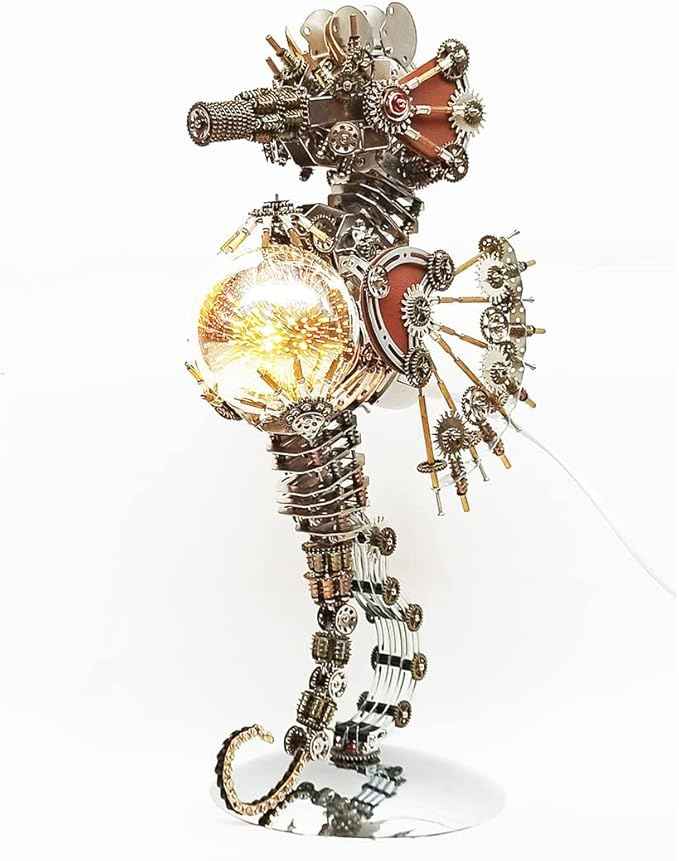 Meatalkitor 3D Puzzle Steampunk Seahorse Lamp - 2100PCS Metal Mechanical Model Kit with 16 Color Planet Light - Perfect Room Decor and Gift Choice (Firework LAMP)
