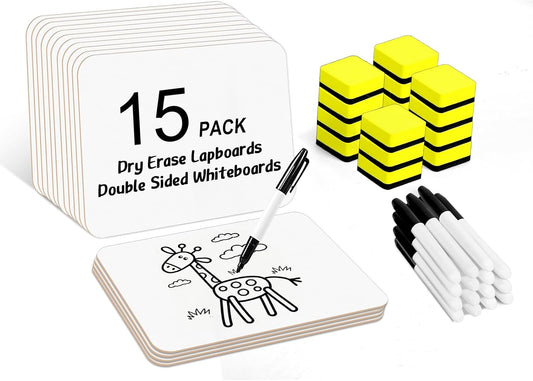 Dry Erase Lapboards, HERKKA 15 Pack Double Sided Dry Erase Lap Boards 9 x 12.5 Inch, 15 Markers, 15 Erasers, Small Dry Erase Boards for Students Classroom Teacher Supplies