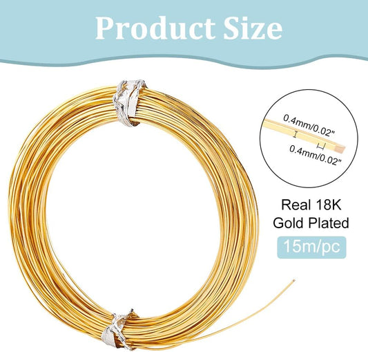 BENECREAT 26Gague 49.2 Feet Real 18K Gold Plated Square Brass Wire, Gold Soft Jewelry Wire for Necklace and Bracelet Making