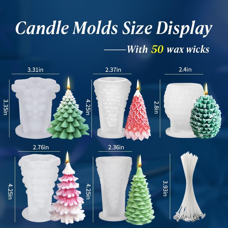 5 PC Christmas Tree Pine Cone Silicone Candle molds with Wax Wick (5 Count)