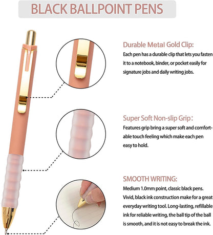 Linbsunne Ballpoint Pens Black Medium Point 1mm with Super Soft Grip Ball Point Pen for Men Women Retractable(gold-6x2 pcs)