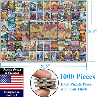 Colorful Vintage World Travel Poster 1000 Pieces Large Format Jigsaw Puzzle for 13+