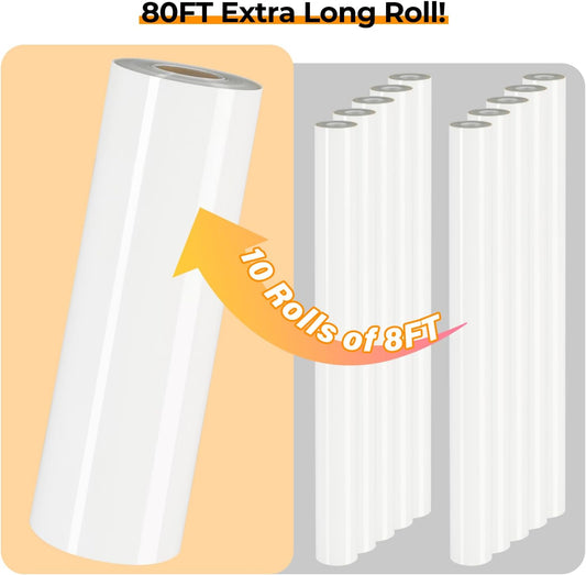 HTVRONT Heat Transfer Vinyl Roll - 12' x 80ft White HTV Vinyl for T Shirts, Compatible with Cricut & Silhouette Cutting Machine - Easy to Use for Personalized Gifts