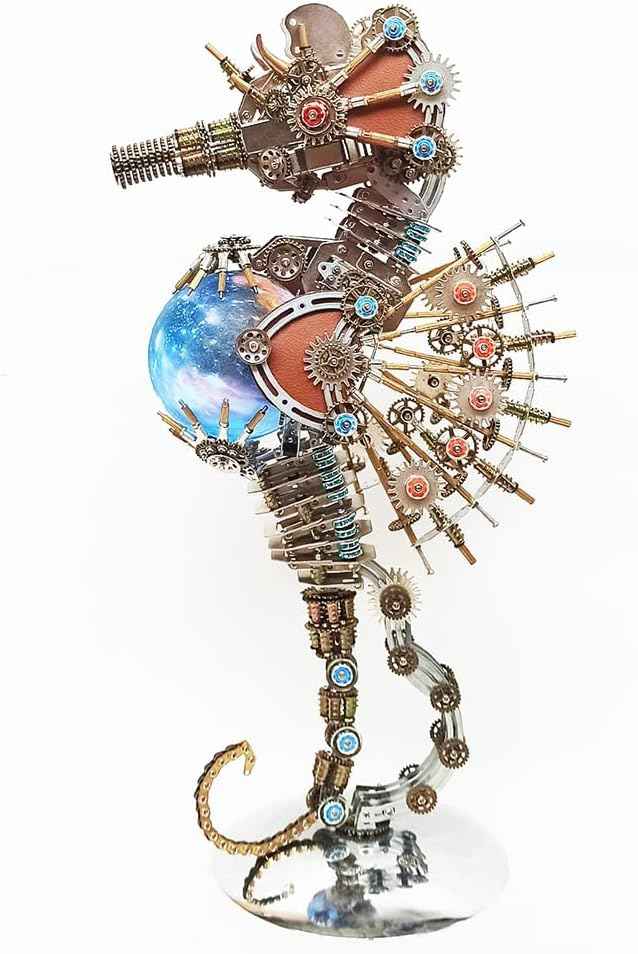 Meatalkitor 3D Puzzle Steampunk Seahorse Lamp - 2100PCS Metal Mechanical Model Kit with 16 Color Planet Light - Perfect Room Decor and Gift Choice (Planet LAMP)