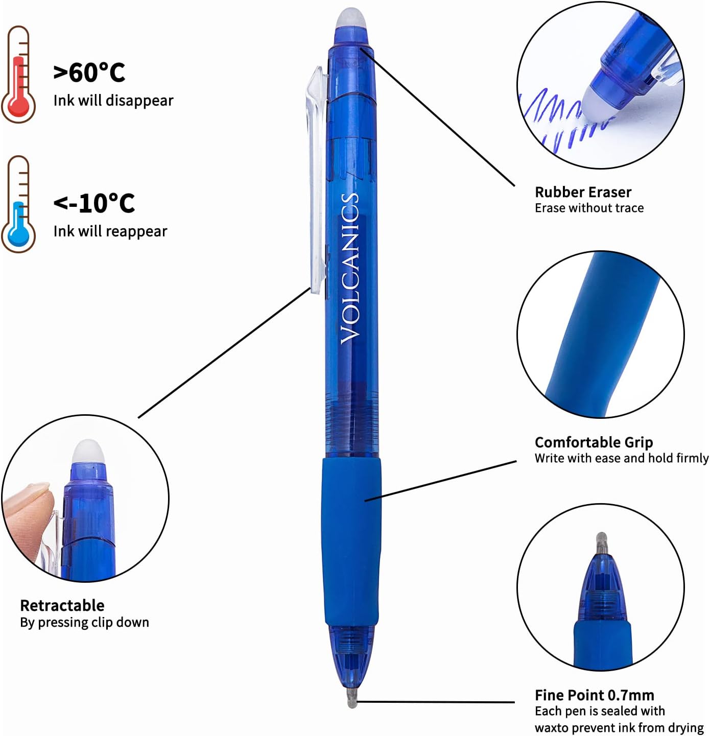 Volcanics Retractable Clicker Erasable Gel Pens - 0.7mm Ball Point, Heat Erase with Built-in Eraser, 12 Pack Blue