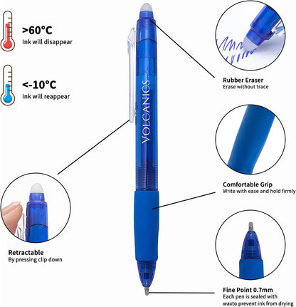 Volcanics Retractable Clicker Erasable Gel Pens - 0.7mm Ball Point, Heat Erase with Built-in Eraser, 12 Pack Blue
