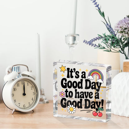 Positive Desk Decor Acrylic Sign 4X4 Inch, Rainbow Cherry Flower Desk Decorative Signs for Shelf Tabletop Cubicle Room Office, Inspirational Gifts for Women Men Friends, Have a Good Day