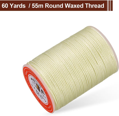 uxcell Round Leather Sewing Waxed Thread, 55m / 60 Yards Wax Polyester String, 0.8mm Waxed Stitching Cord for Leather Crafts, Bookbinding, Bracelets Braided, Beige