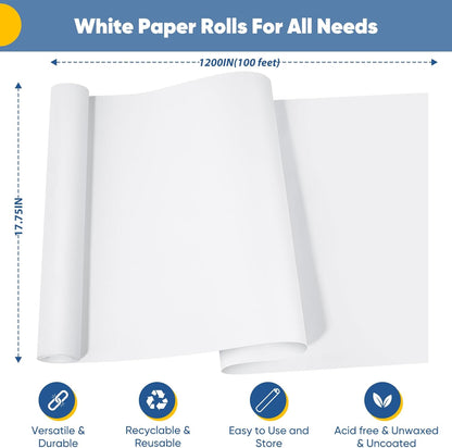 Art Paper Roll for Crafts, Drawing & Painting, 17.75"x1200" (100') White Gift Wrapping Craft Kraft Bulletin Board Poster Banner Coloring Paper, Kids Art Supplies, Wedding Floral Supplies 80GSM 55LB