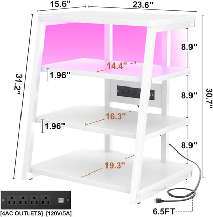 Armocity 4-Tier AV Media Stand with Power Strips, Stereo Stand with LED Lights, Audio Tower Rack with Adjustable Shelves, Small Entertainment Center, 30'', White