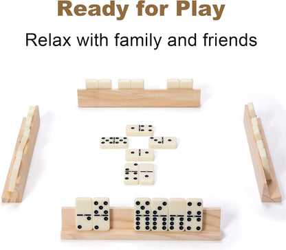 Dominoes Set for Adults, 28 Tiles with 4 Wooden Racks/Trays, Portable Double 6 Domino Game Set, Classic Board Game for Family Fun