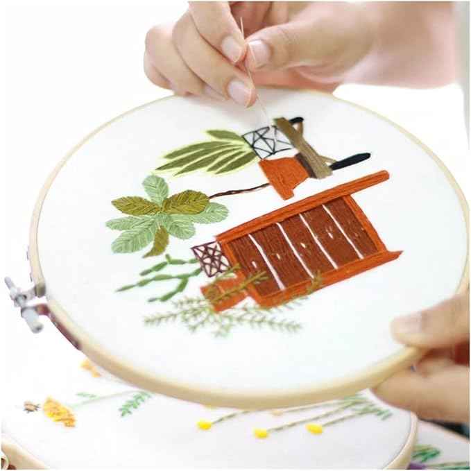 ZQB Haven Needle Point Kits Adults Full Range of Starter Including Instructions Stamped Cloth with Pattern Hoop Color Threads and Tools Art Projects(Green Plants)